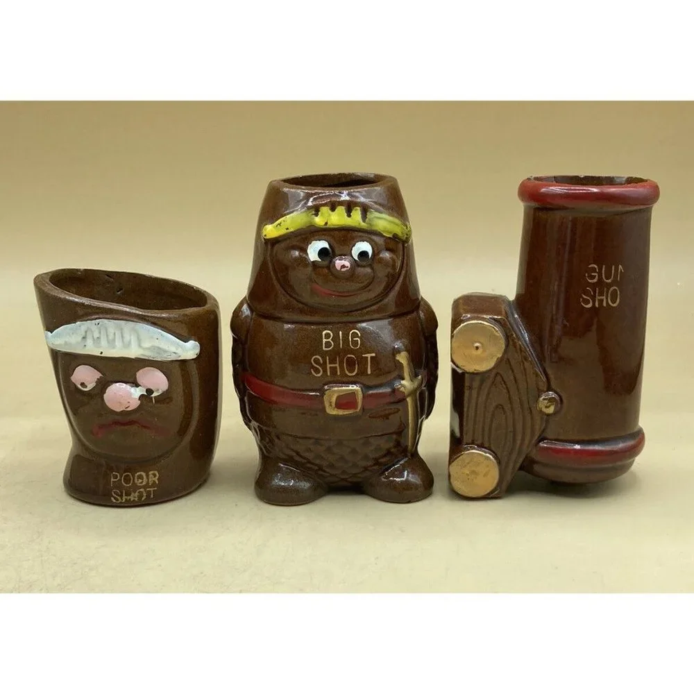 Vintage JAPANESE Red Ware Shot Glass Lot Gun Shot Big Shot Poor Shot LOT 3 READ